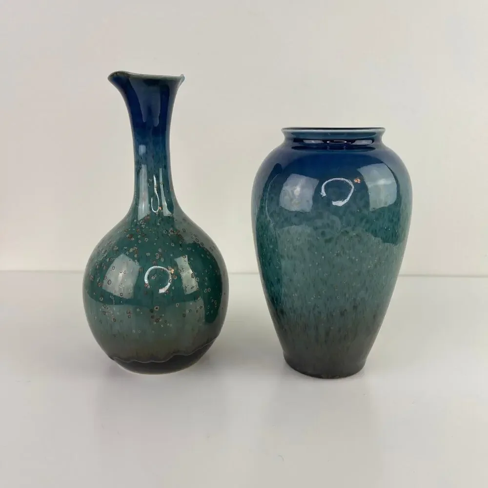 Set of 2 Ombre Mini Tulip Bud Vases Green Teal Art Home Decor Pottery